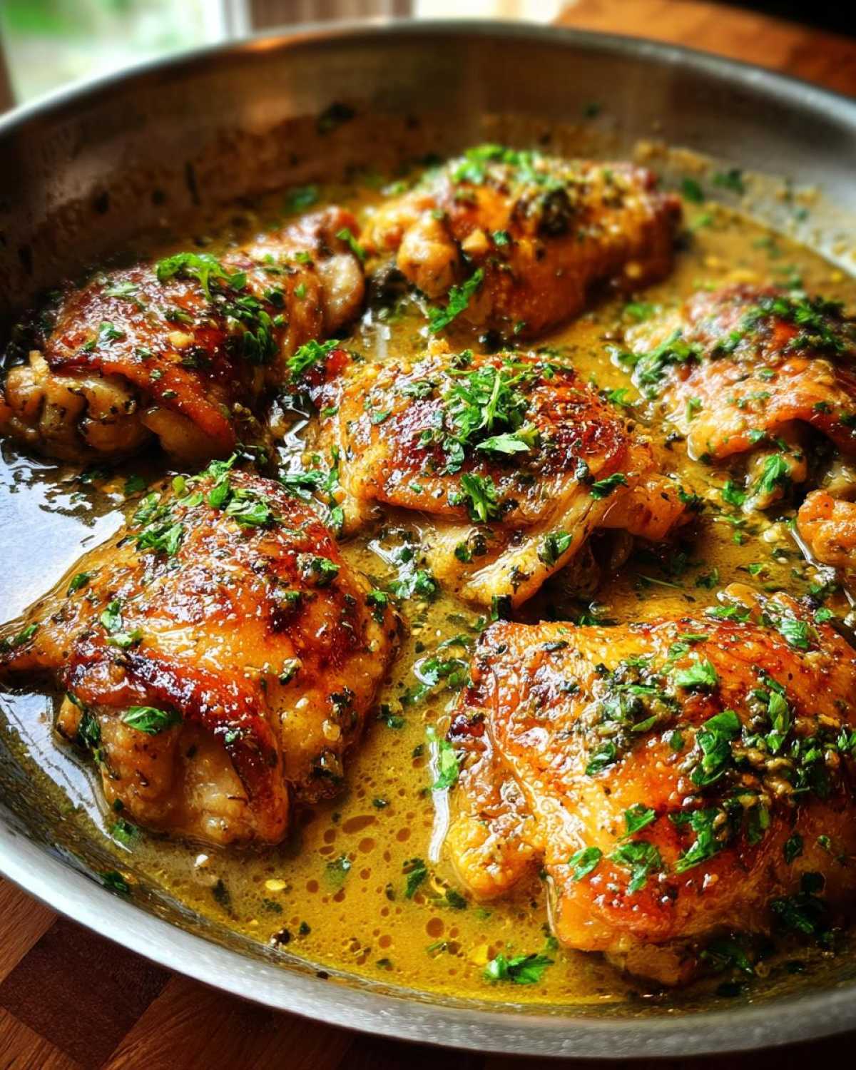 Pan of creamy garlic herb chicken thighs with golden-brown skin and fresh parsley garnish.