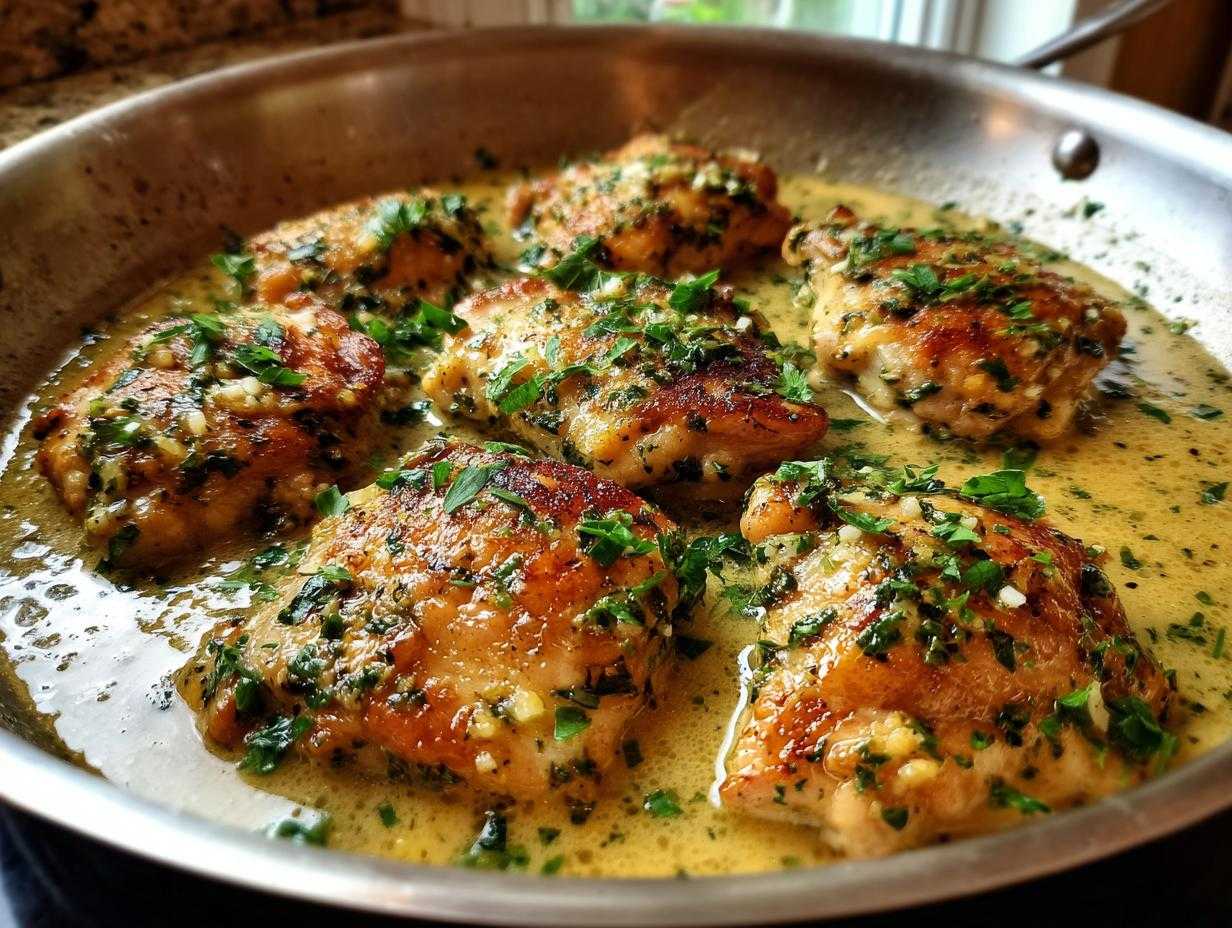 Pan of creamy garlic herb chicken thighs, golden brown and garnished with fresh herbs in a creamy sauce.