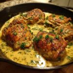 Close-up of creamy garlic herb chicken thighs in a cast iron skillet, garnished with parsley.