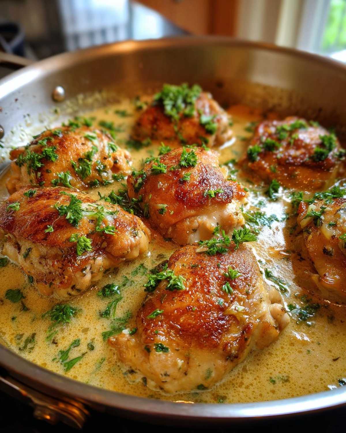 Six Creamy Garlic Herb Chicken Thighs in a creamy sauce, garnished with fresh herbs in a skillet.