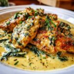 Close-up of creamy garlic parmesan chicken served over spinach and garnished with fresh herbs.