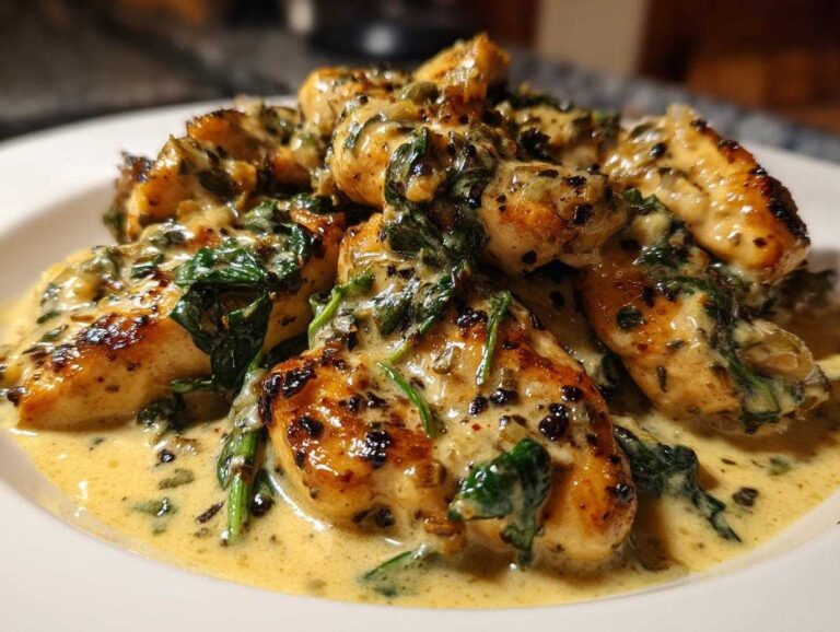 Delicious creamy garlic parmesan chicken served on a white plate with a rich, creamy sauce and spinach.