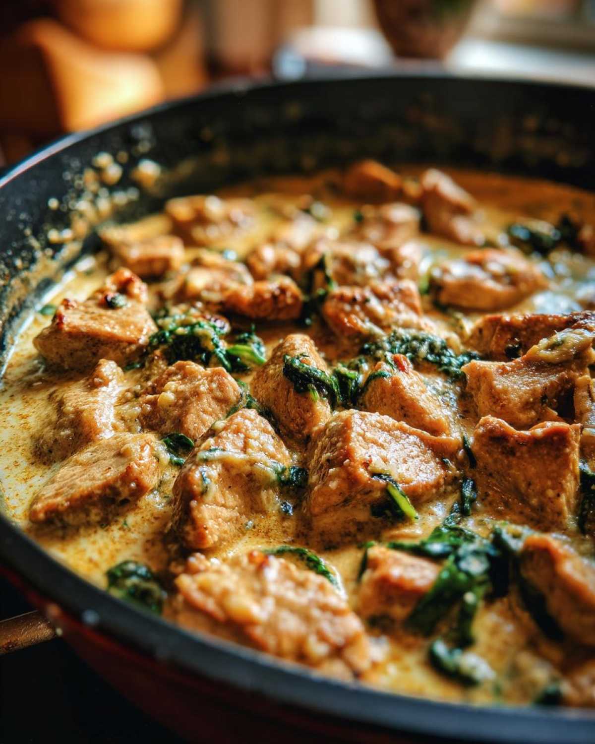 Close-up of creamy garlic parmesan chicken with spinach in a skillet.