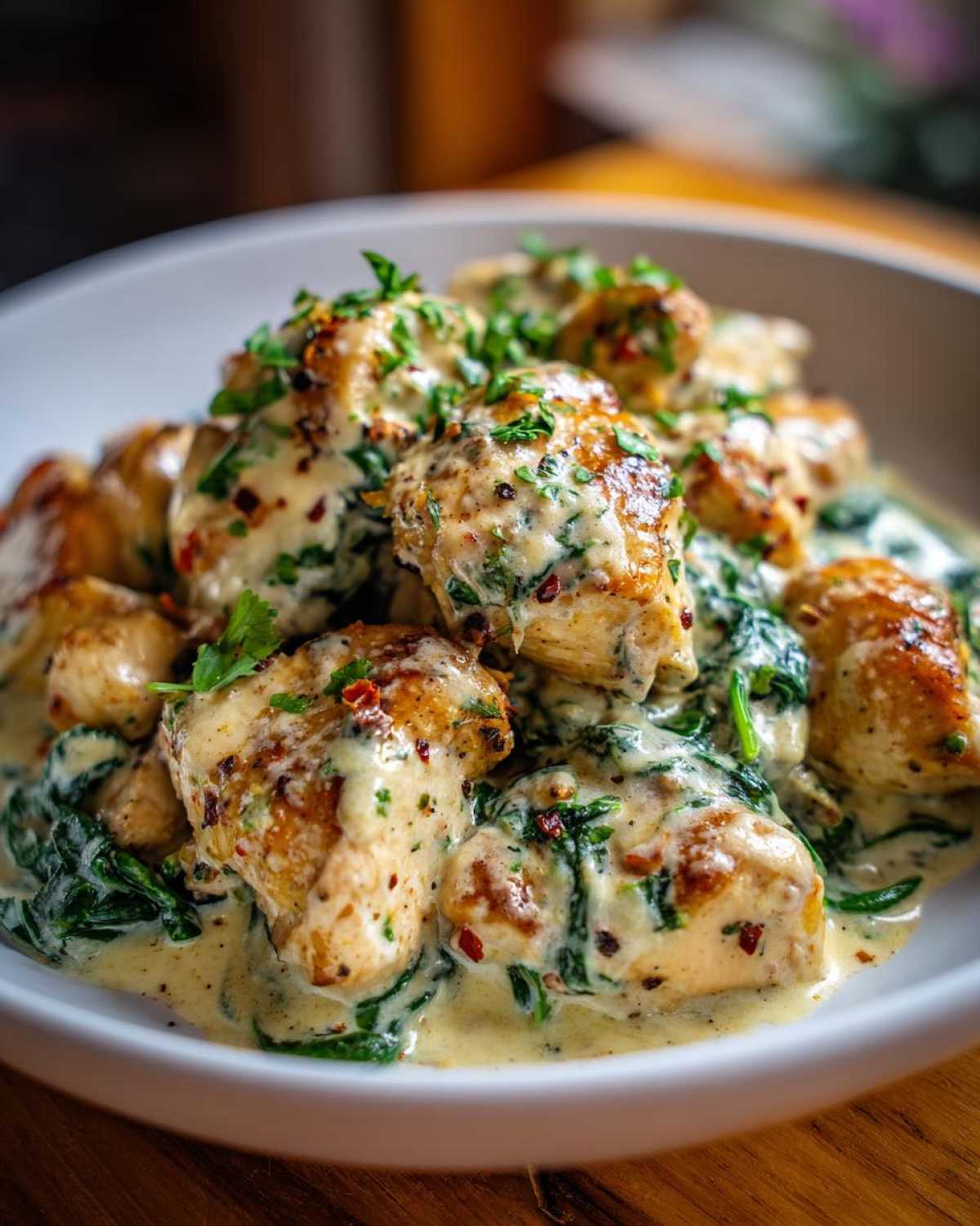 Delicious creamy garlic parmesan chicken served with spinach in a white bowl, garnished with herbs.