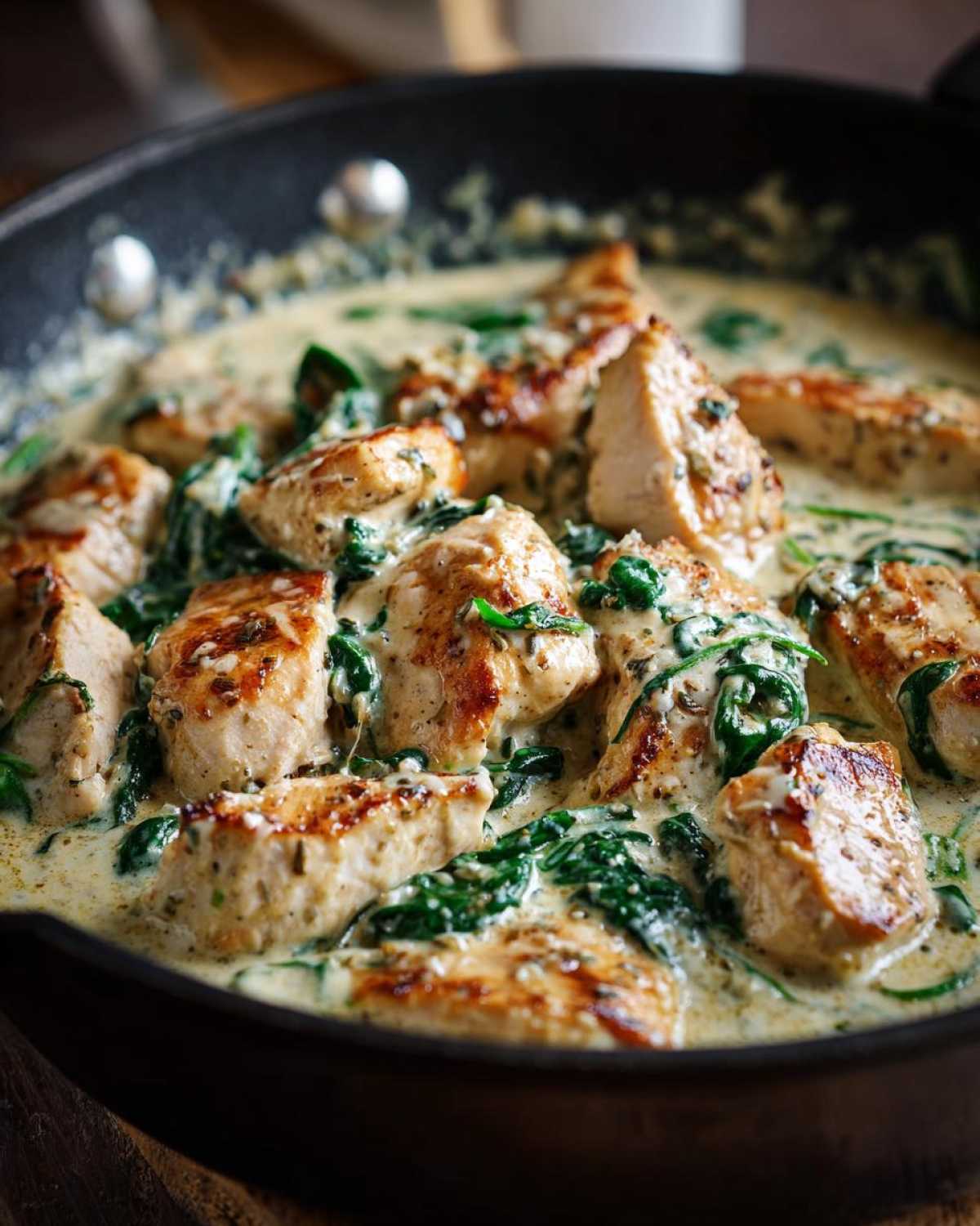 Close-up of creamy garlic parmesan chicken with spinach in a skillet, ready to serve.