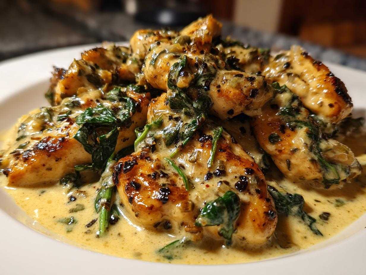 Delicious creamy garlic parmesan chicken served on a white plate with a rich, creamy sauce and spinach.