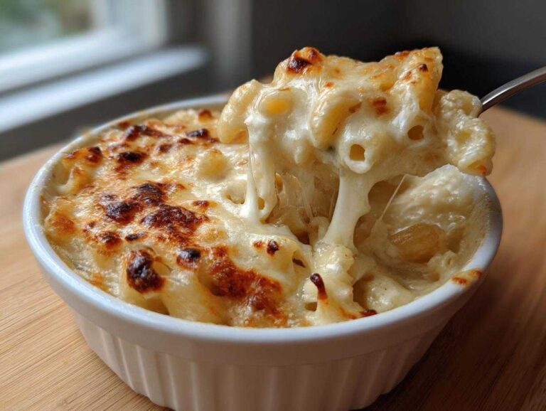 Close-up of creamy mac and cheese in a white bowl with a cheesy pull on a fork.