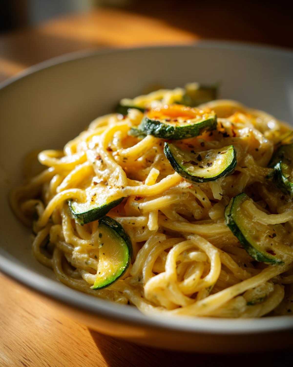A bowl of creamy zucchini pasta, featuring spaghetti with a creamy sauce and sliced zucchini.