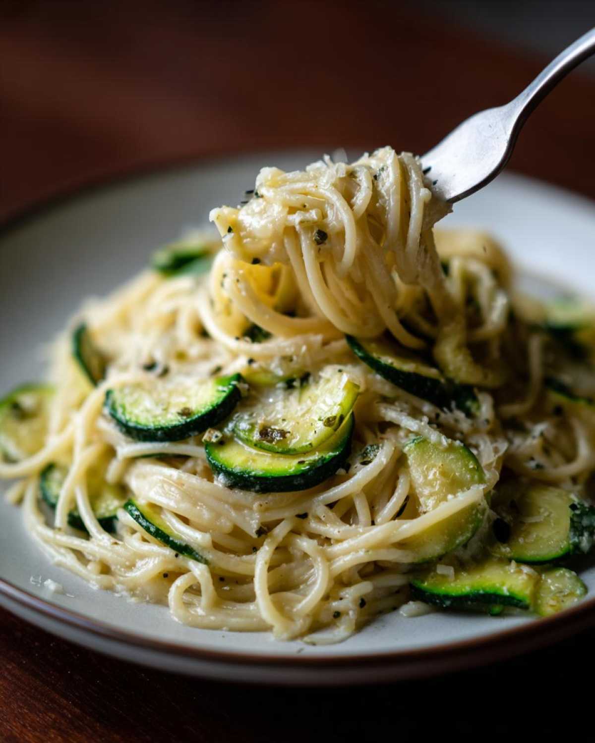 A fork lifts a portion of creamy zucchini pasta, showcasing the zucchini slices and creamy sauce.