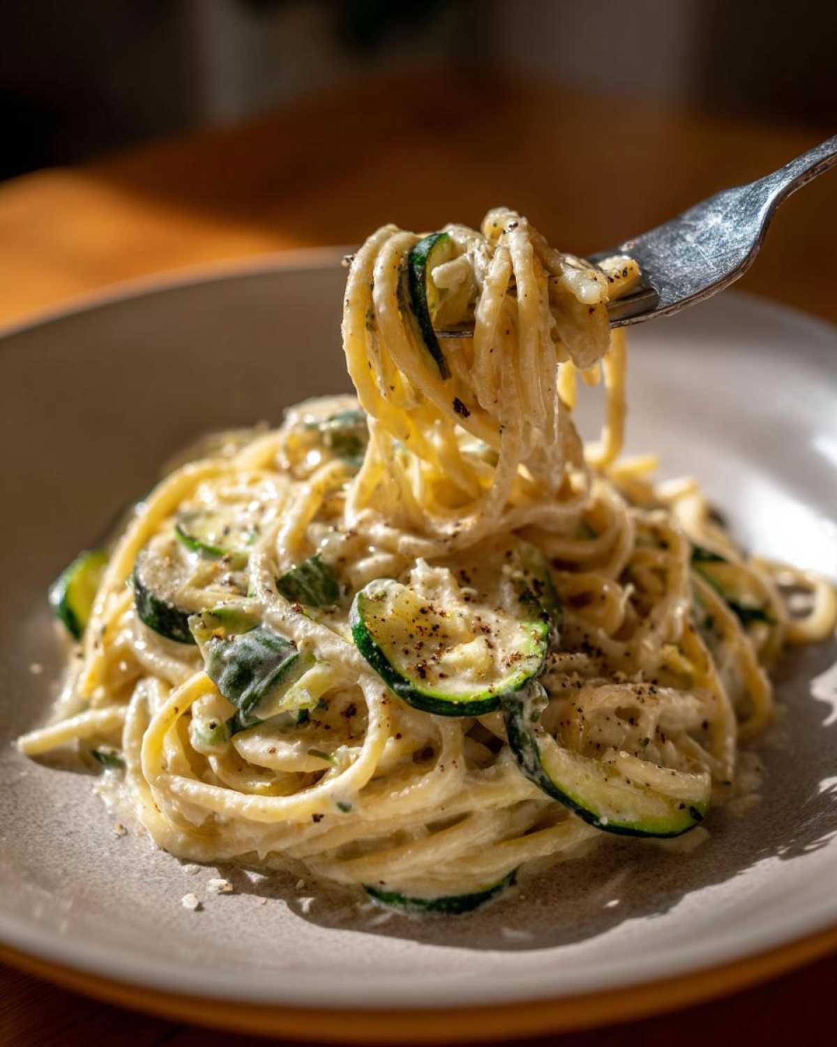A plate of creamy zucchini pasta with a fork lifting a portion, showcasing the creamy sauce and zucchini slices.