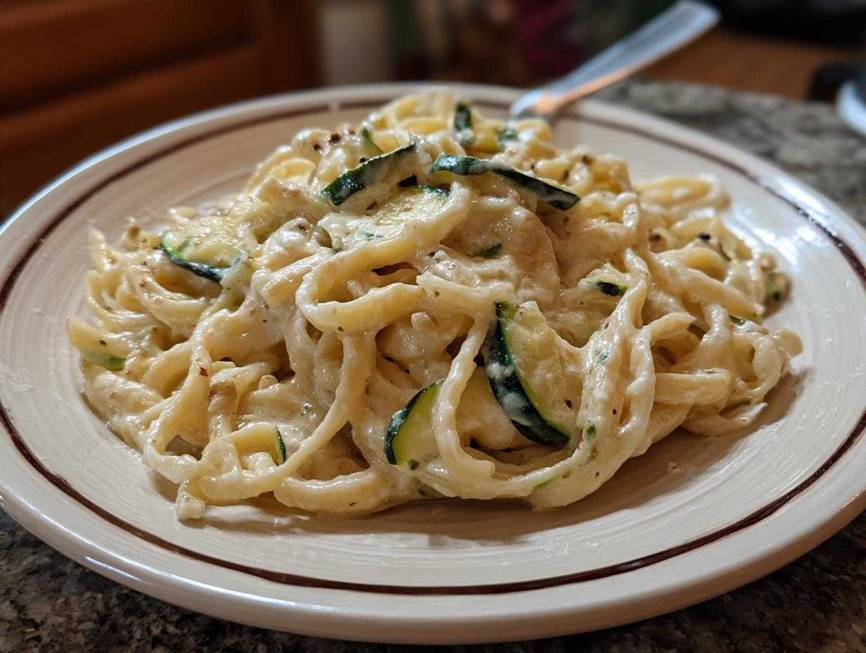 A plate of creamy zucchini pasta with sliced zucchini and a creamy sauce, ready to eat.