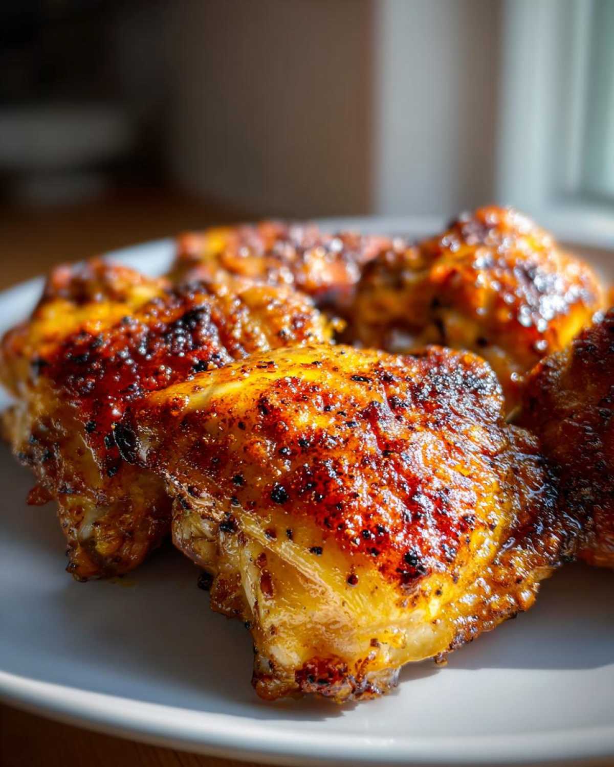 Close-up of crispy baked chicken thighs on a white plate, showcasing their golden-brown skin.