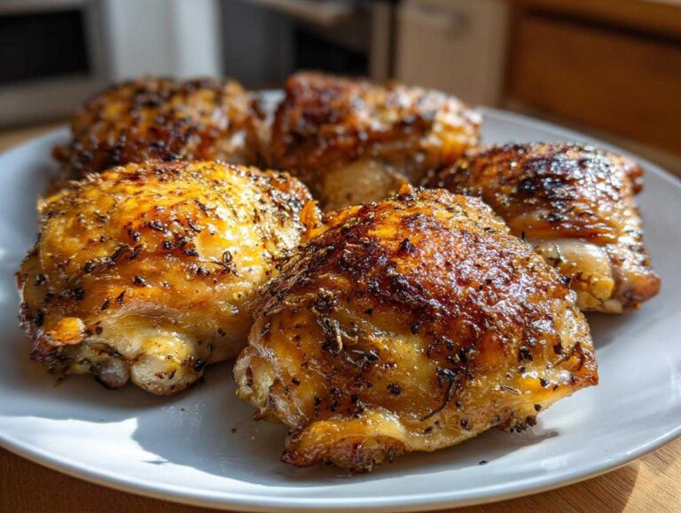 Close-up of crispy baked chicken thighs seasoned with herbs, presented on a white plate.