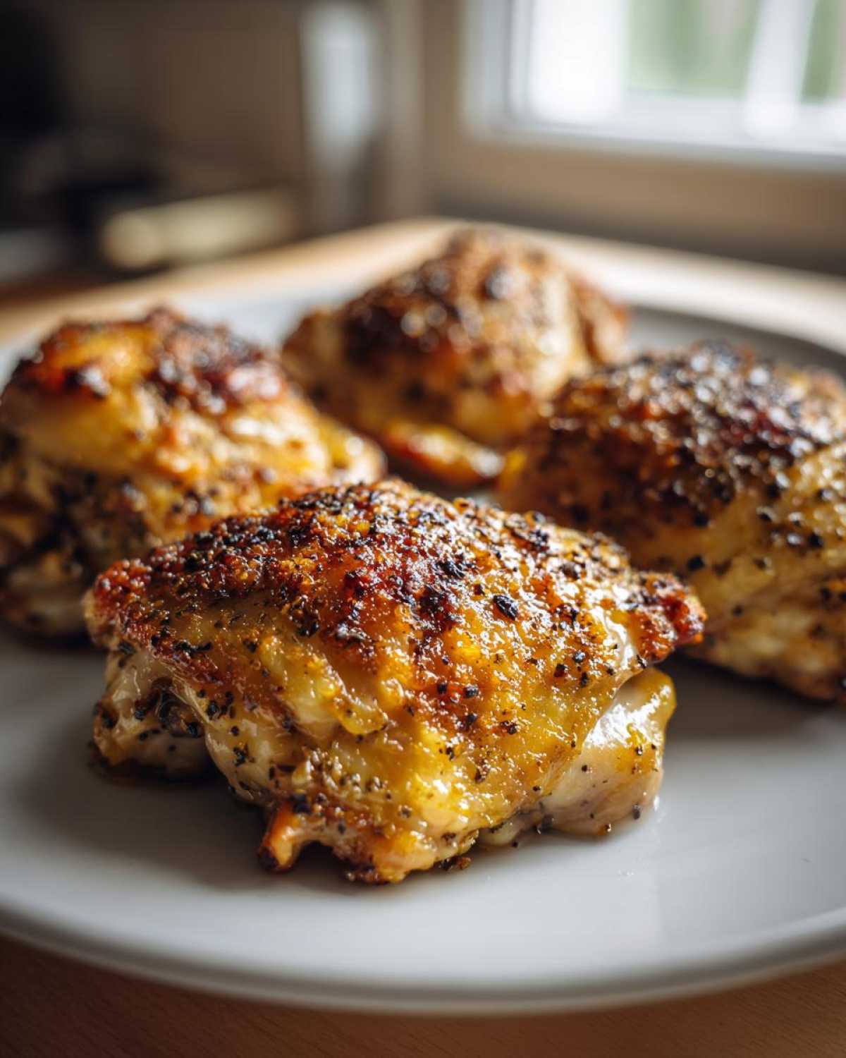 Four crispy baked chicken thighs arranged on a white plate, showcasing their golden-brown skin.