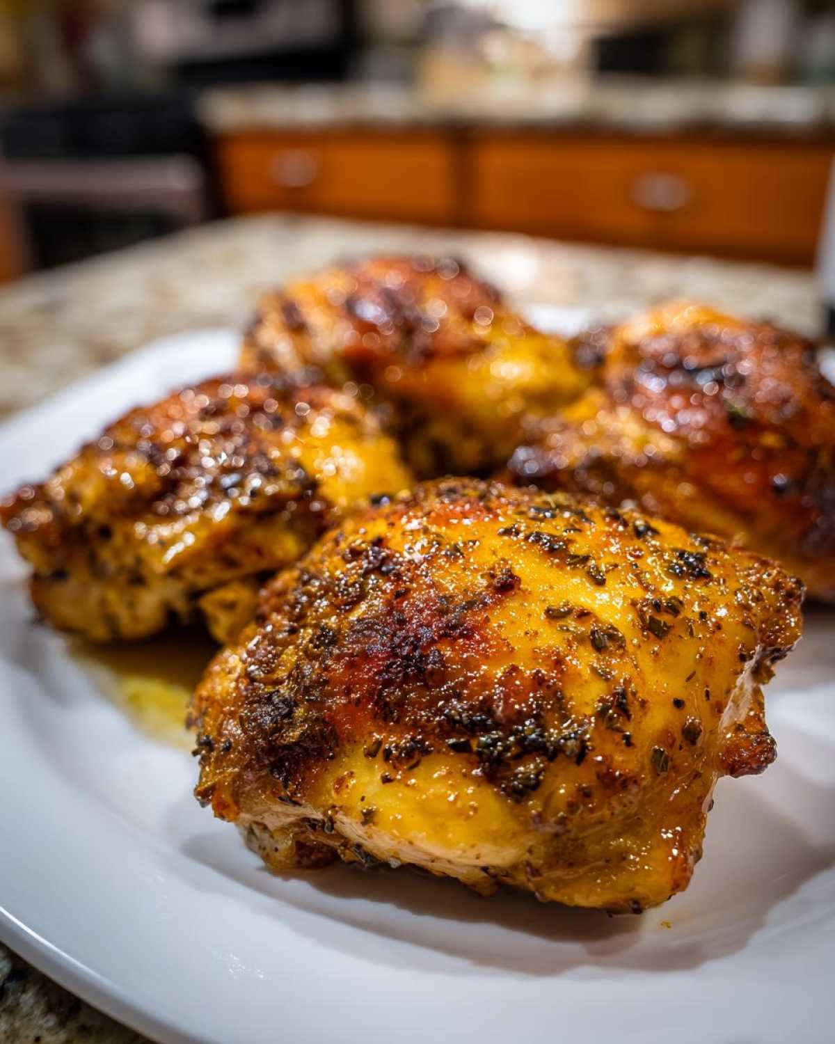 Close-up of crispy baked chicken thighs on a white plate, seasoned with herbs and spices.