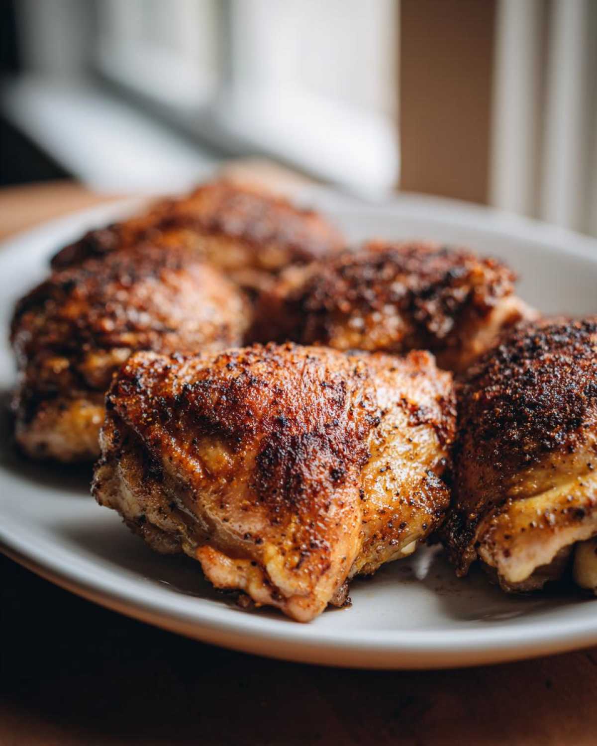 A plate of golden brown crispy baked chicken thighs, fresh out of the oven and ready to serve.