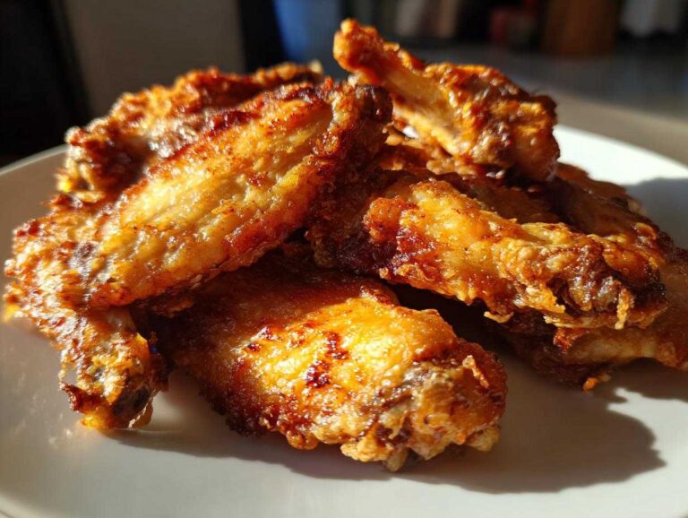 A close-up of a pile of golden brown crispy baked chicken wings on a white plate.