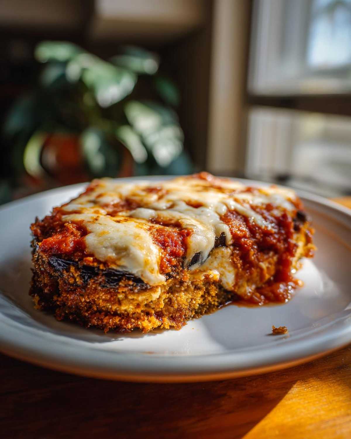 A slice of crispy baked eggplant parmesan with tomato sauce and melted mozzarella cheese on a white plate.