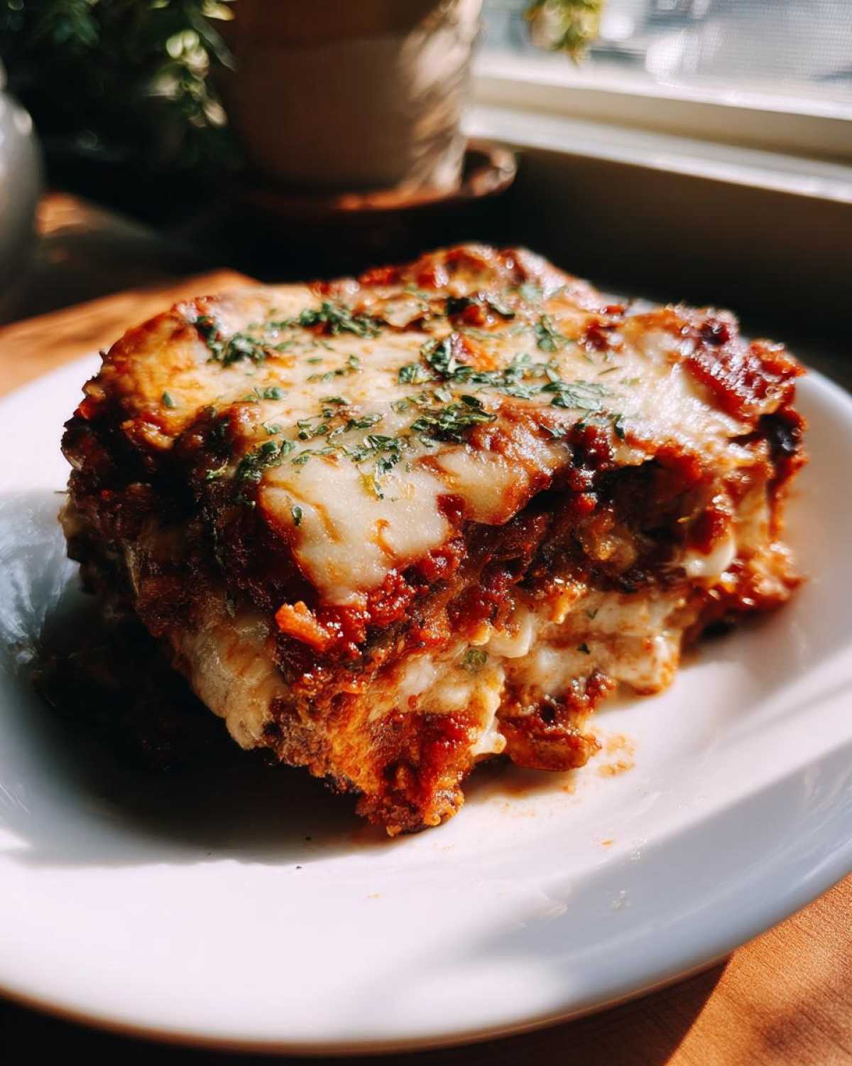 A slice of crispy baked eggplant parmesan with melted cheese and herbs on a white plate.
