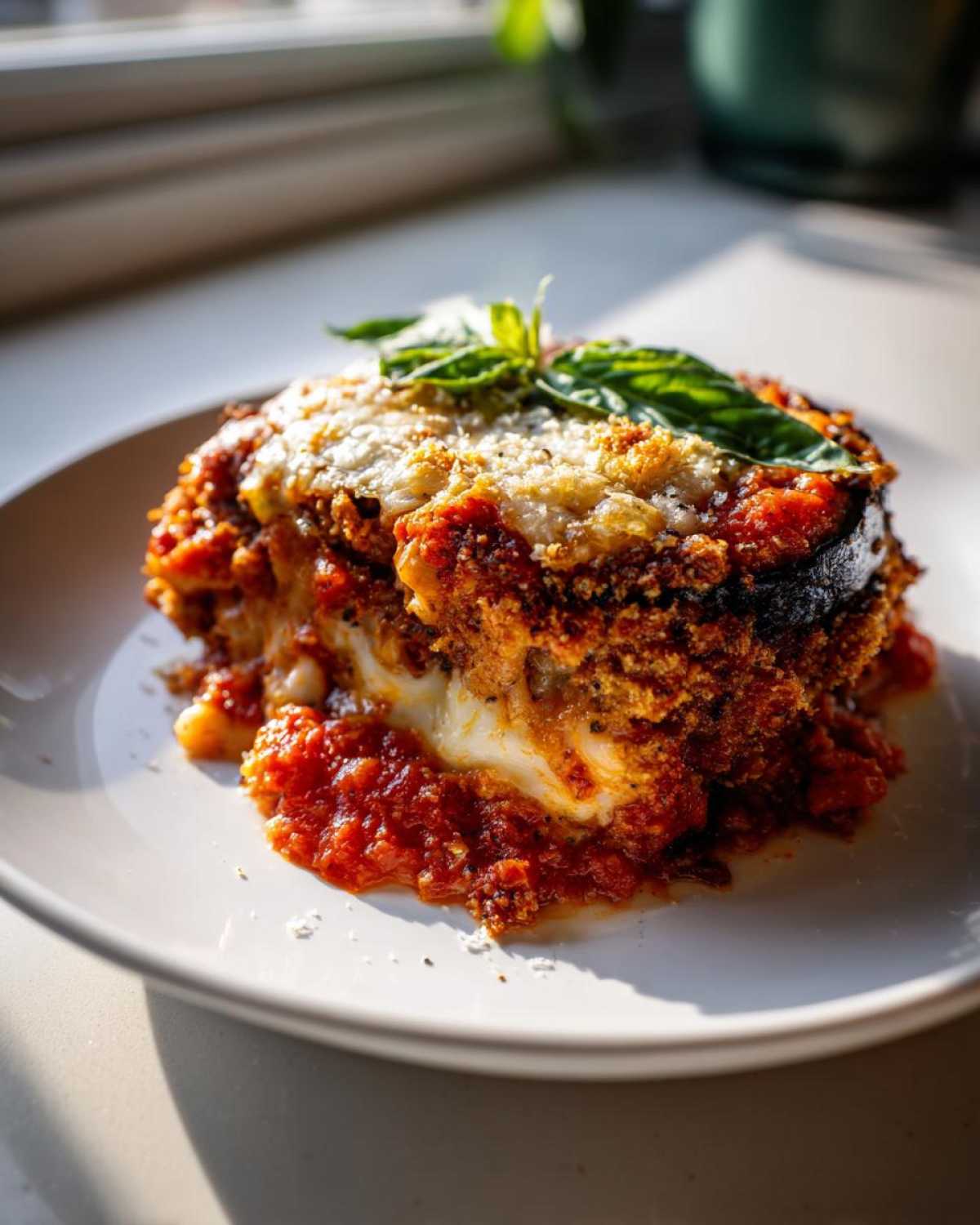 A delicious stack of crispy baked eggplant parmesan, topped with basil and oozing with cheese and tomato sauce.