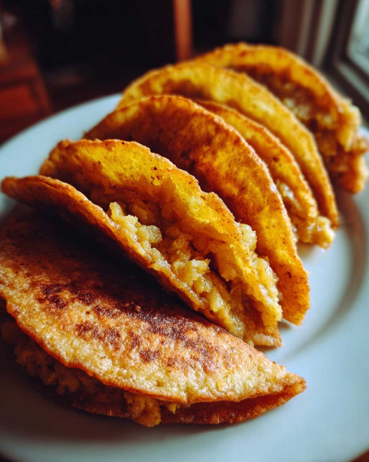 A plate of golden crispy potato tacos, showcasing the delicious filling.