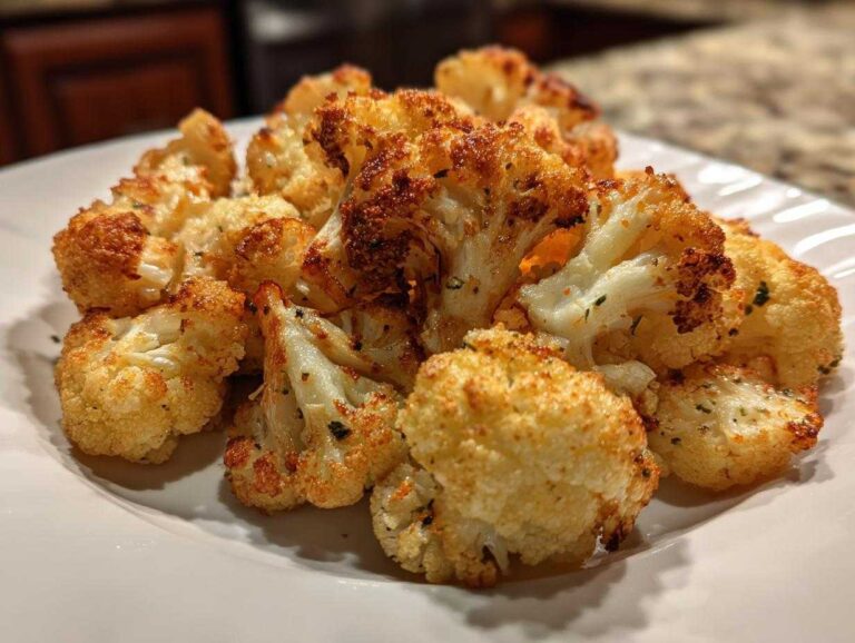 A plate of golden brown crispy roasted cauliflower florets, seasoned with herbs and spices.