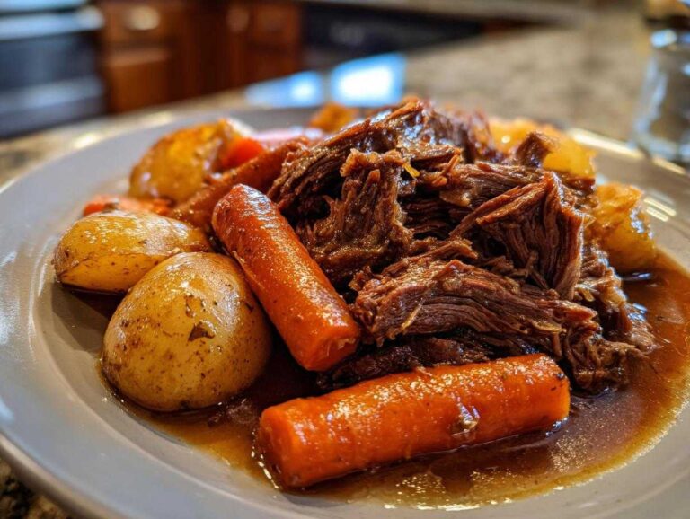 A plate of crock pot pot roast with tender beef, carrots, and potatoes in a rich gravy.