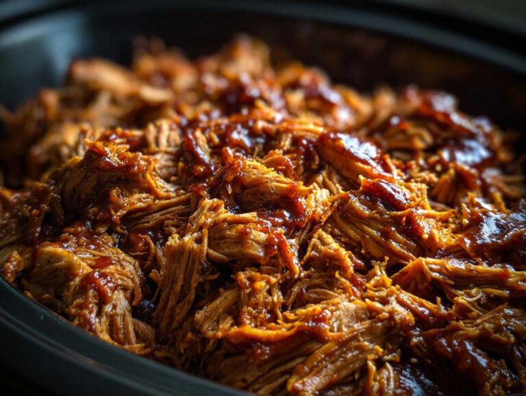 Close-up of crock pot pulled pork with a rich, glossy barbecue sauce.