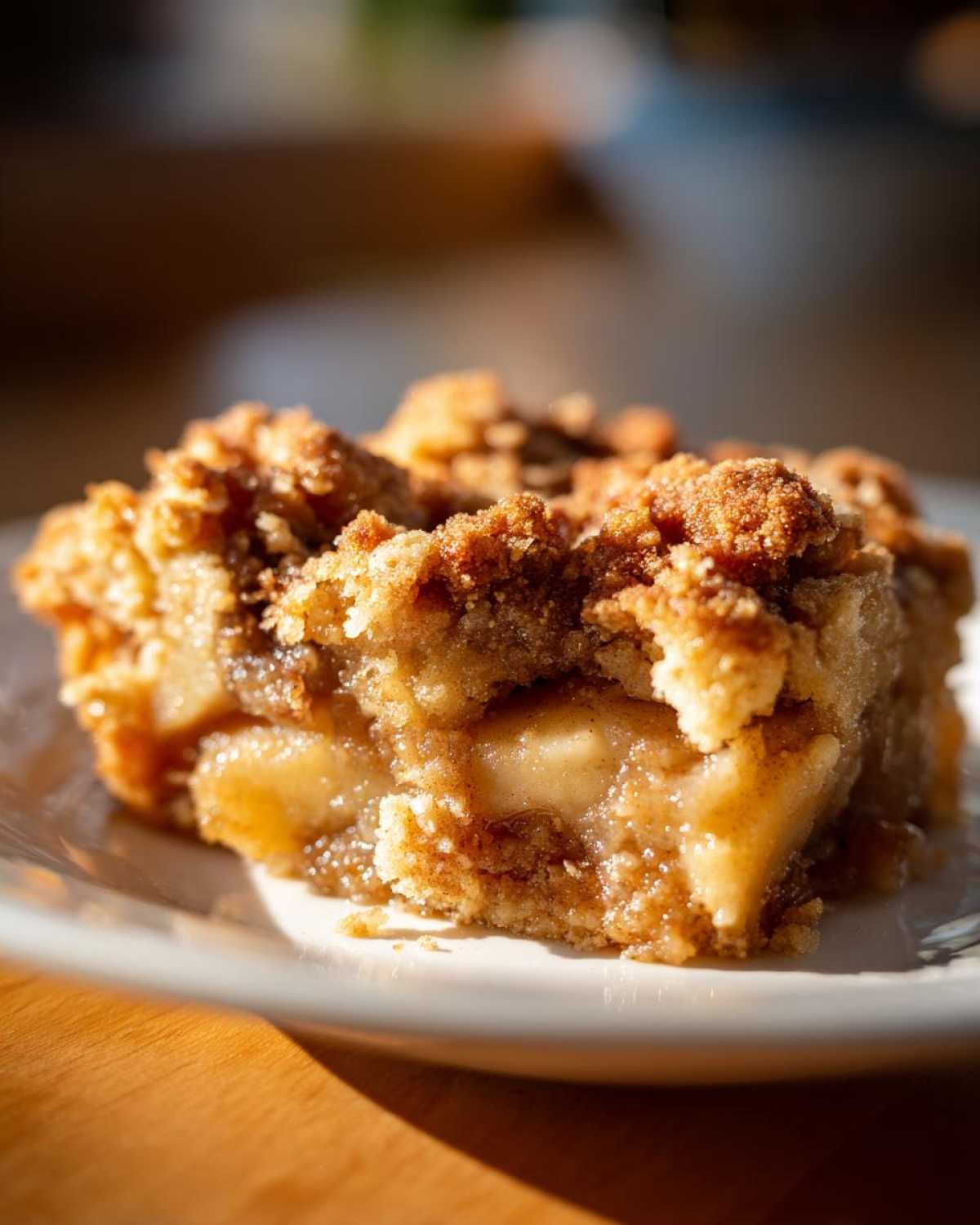 A single slice of Crockpot apple dump cake with a golden crust and visible apple filling.