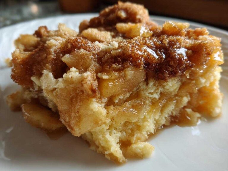 A slice of delicious Crockpot apple dump cake with a golden-brown topping and visible apple filling.