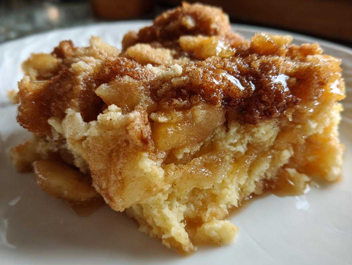 A slice of delicious Crockpot apple dump cake with a golden-brown topping and visible apple filling.