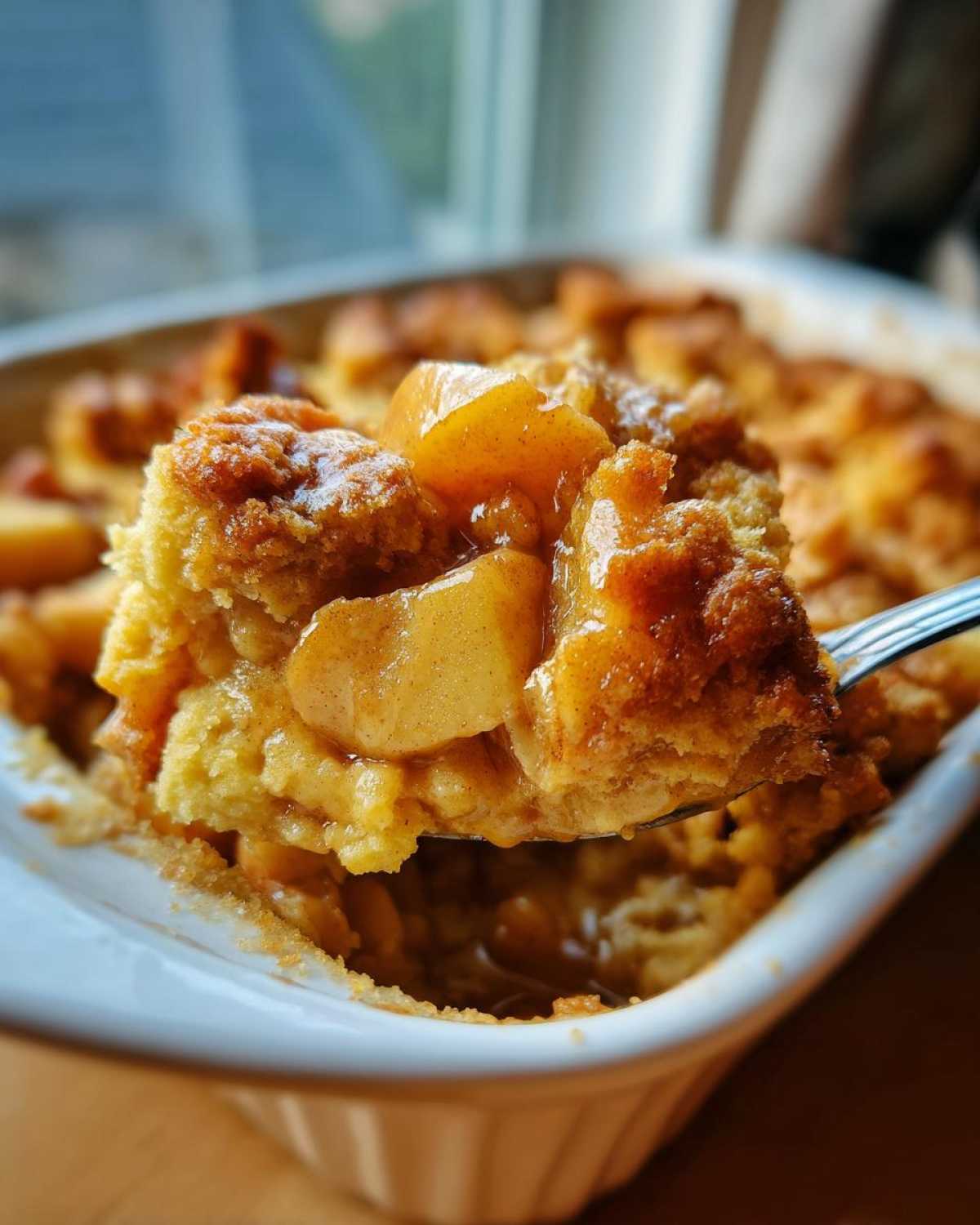 Close-up of a spoonful of warm Crockpot apple dump cake with visible apple slices and golden crust.