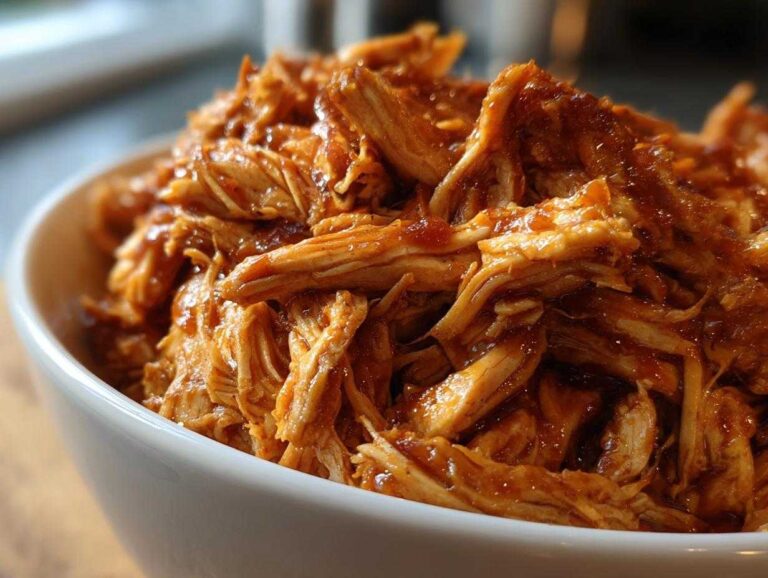 Close-up of crockpot BBQ chicken in a white bowl, showcasing the shredded texture and rich BBQ sauce.