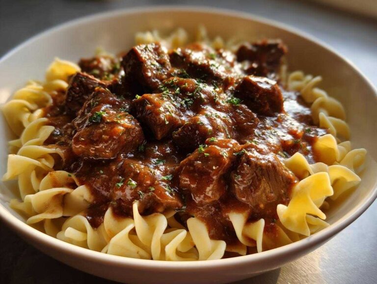 A bowl of crockpot beef tips and noodles, featuring tender beef in rich gravy over egg noodles.