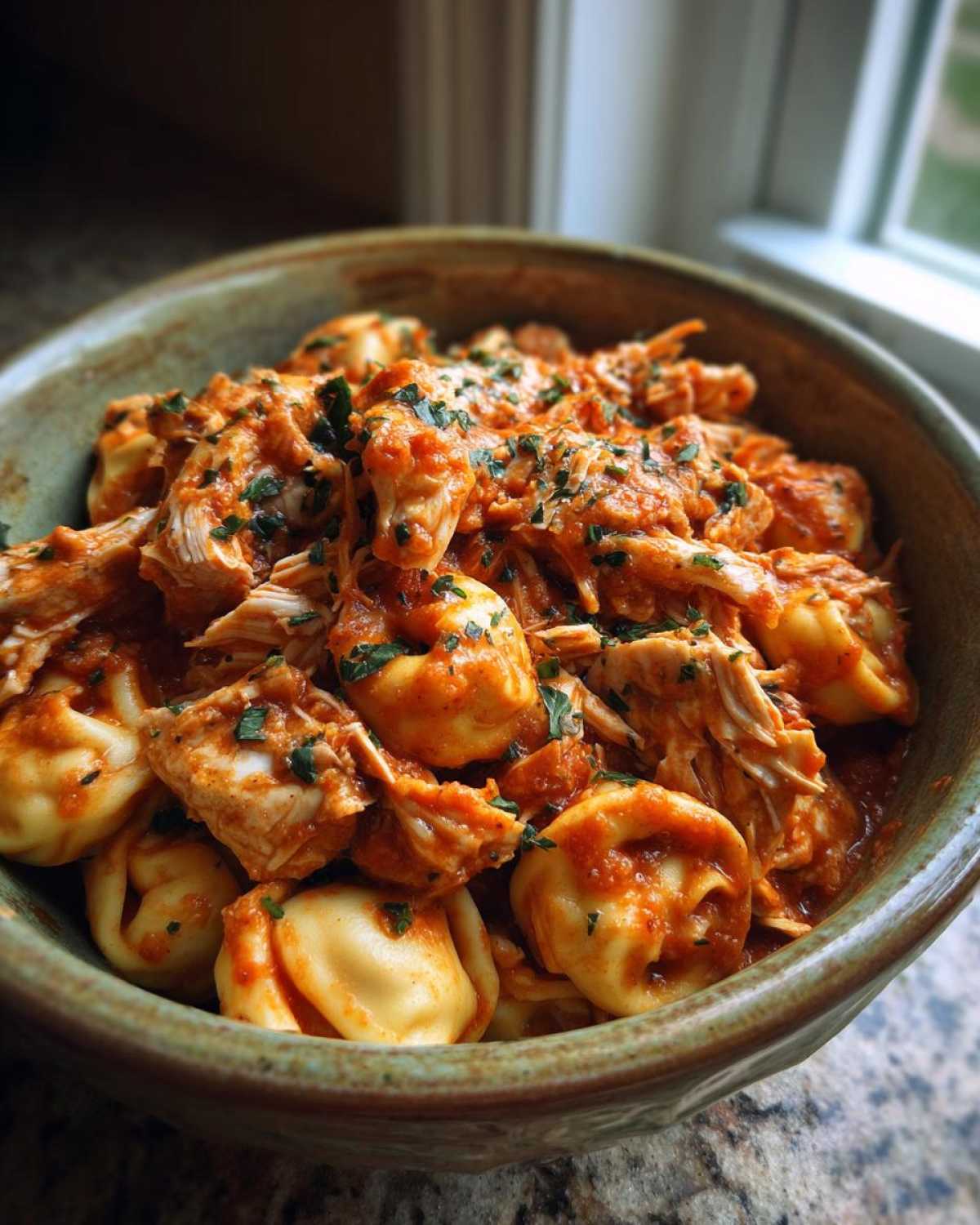 A bowl of creamy crockpot chicken tortellini, topped with fresh herbs and a rich tomato sauce.