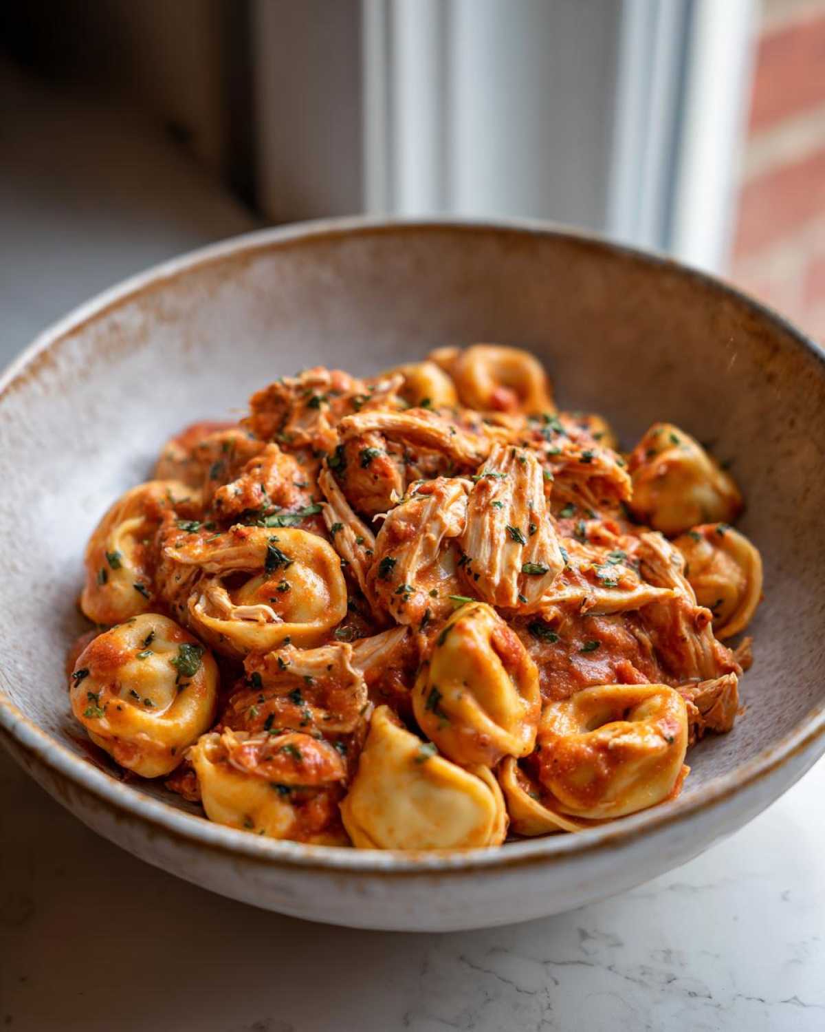 A bowl of delicious crockpot chicken tortellini with a creamy tomato sauce and fresh herbs.