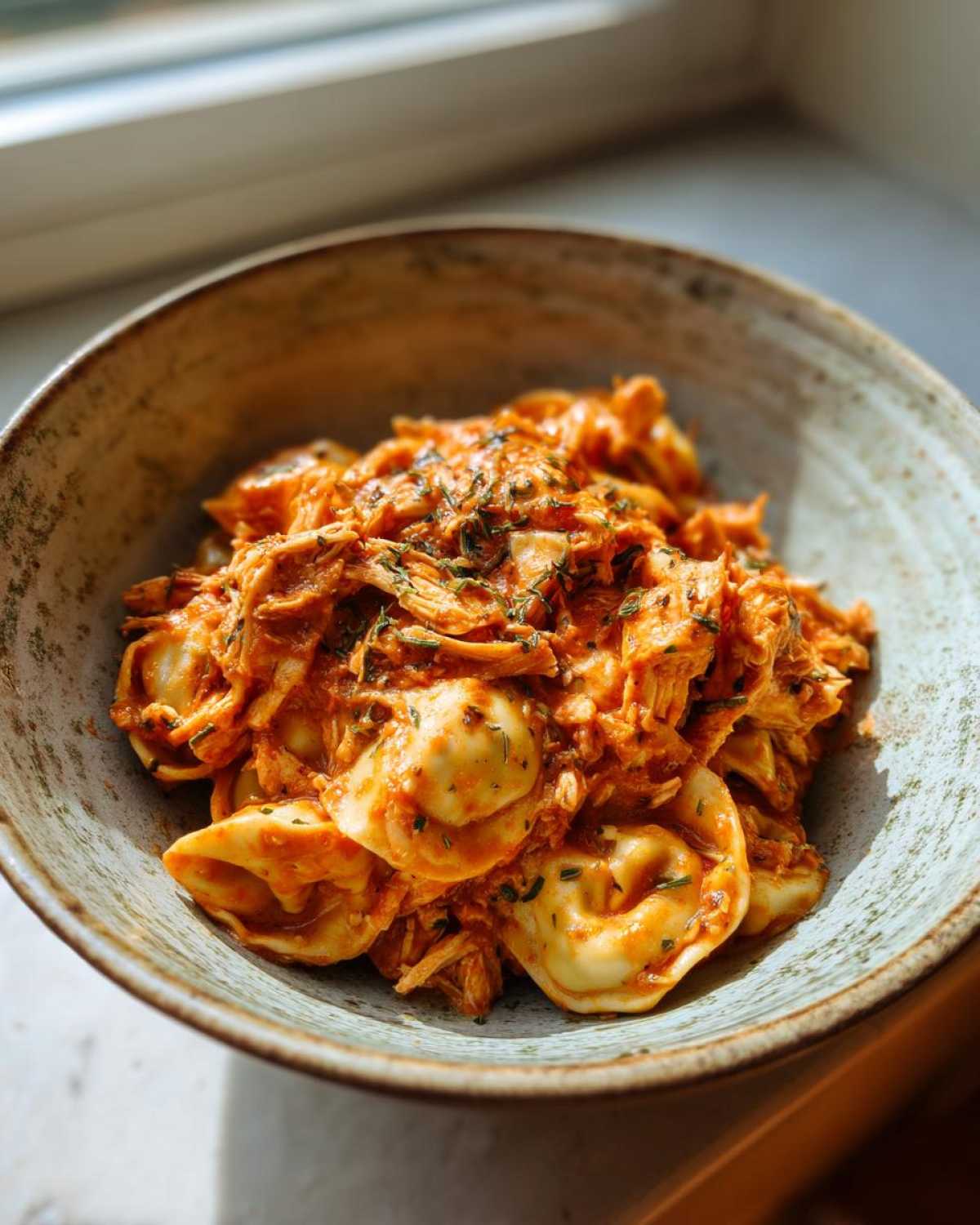 A rustic bowl filled with creamy crockpot chicken tortellini, garnished with fresh herbs.