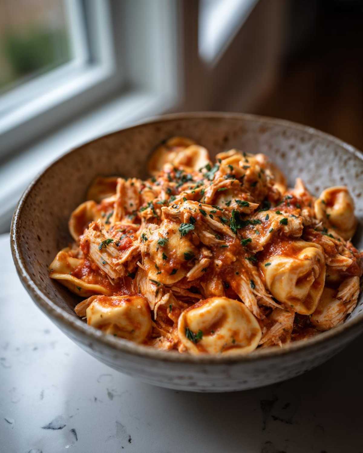 A bowl of crockpot chicken tortellini, featuring cheese tortellini, shredded chicken, and tomato sauce, garnished with parsley.