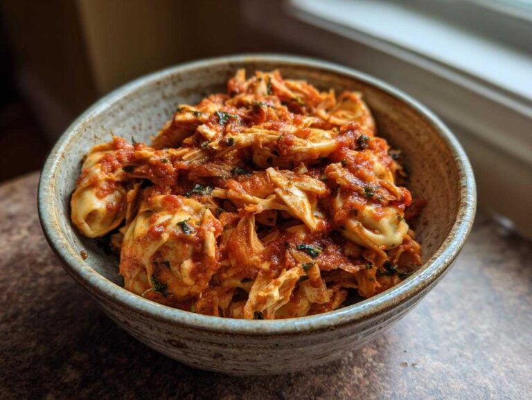 A bowl of delicious crockpot chicken tortellini in a rich tomato sauce, garnished with fresh herbs.