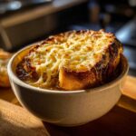 A bowl of Crockpot french onion soup topped with melted cheese and toasted bread.