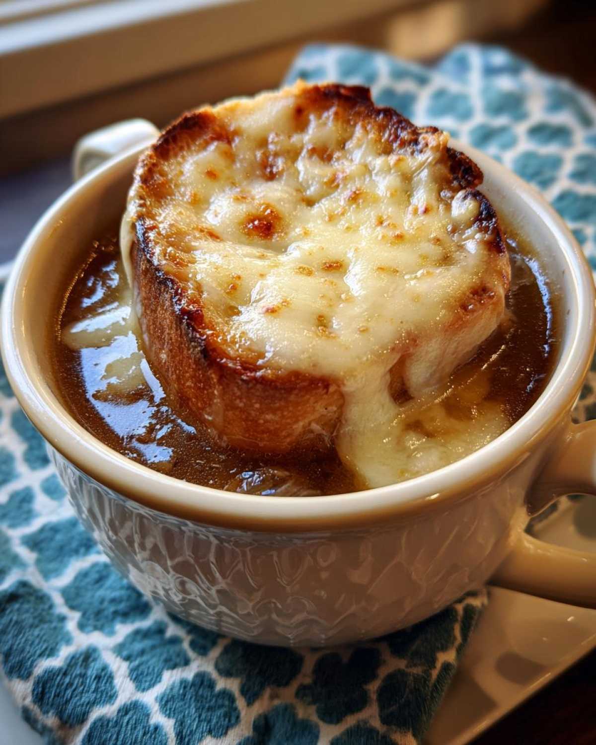 Close-up of Crockpot french onion soup in a bowl, topped with melted cheese and toasted bread.