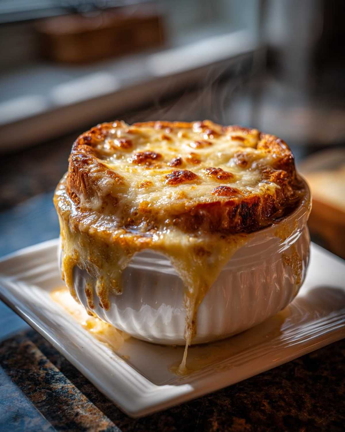 A bowl of Crockpot french onion soup, topped with toasted bread and melted, bubbly cheese.