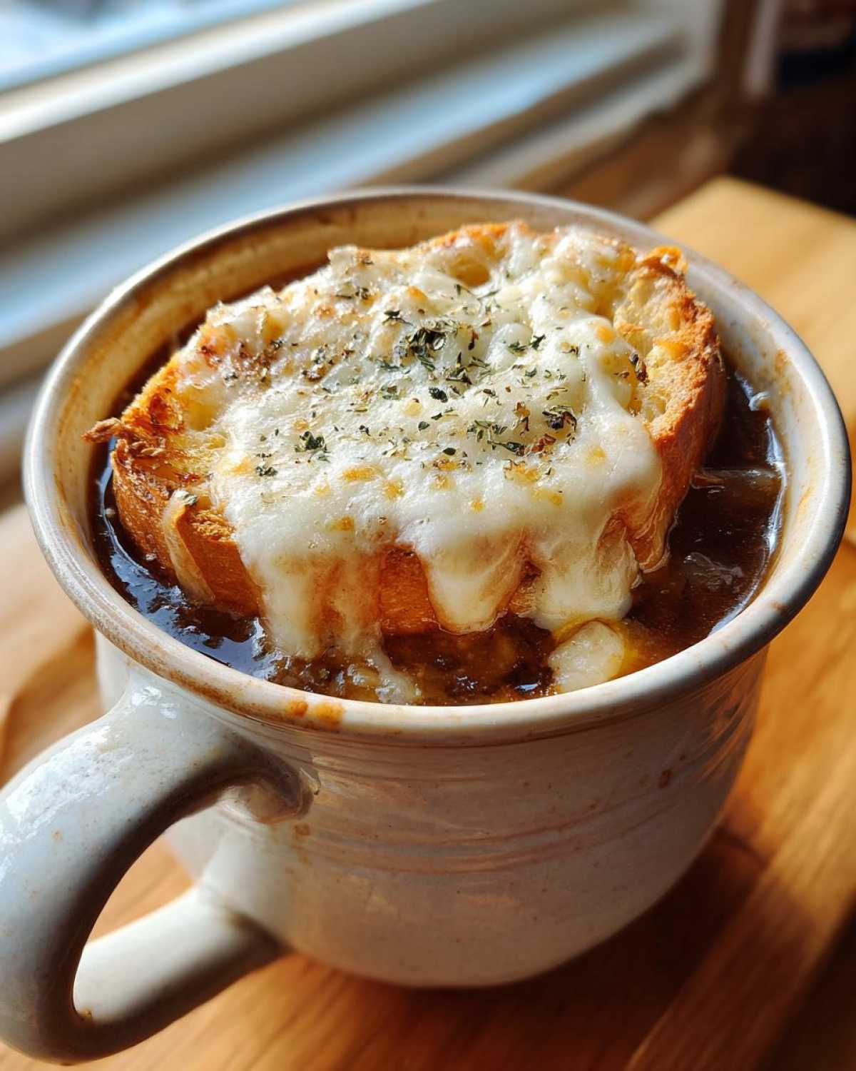 Close-up of Crockpot french onion soup in a mug, topped with melted cheese and toasted bread.