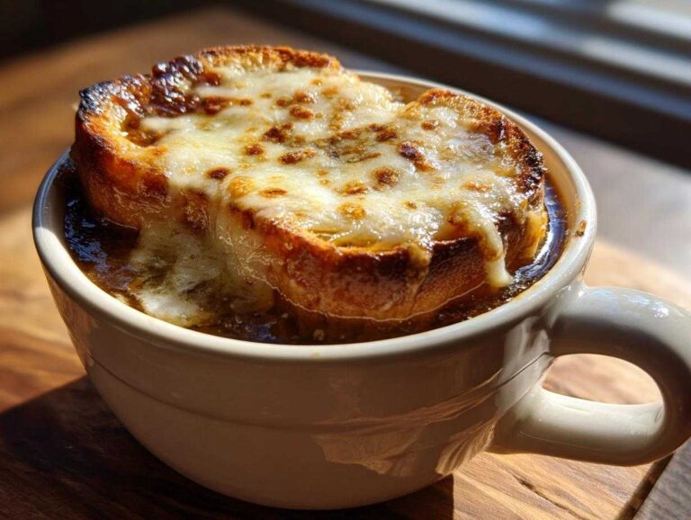 Close-up of Crockpot french onion soup in a white mug, topped with toasted bread and melted cheese.