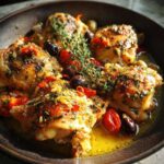 A bowl of flavorful Crockpot Greek chicken thighs with tomatoes, olives, and fresh herbs.