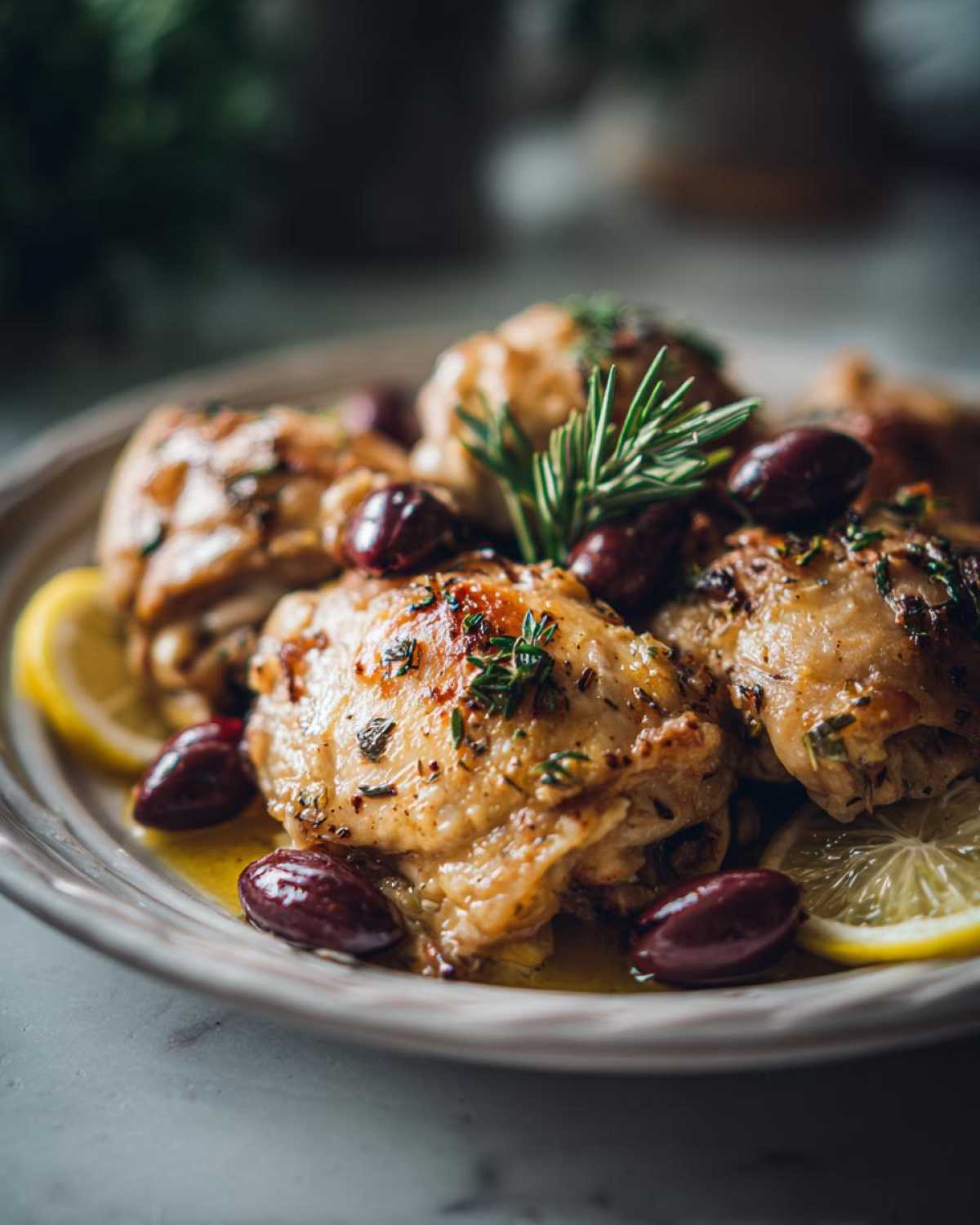 A plate of Crockpot Greek chicken thighs garnished with olives, lemon, and rosemary.