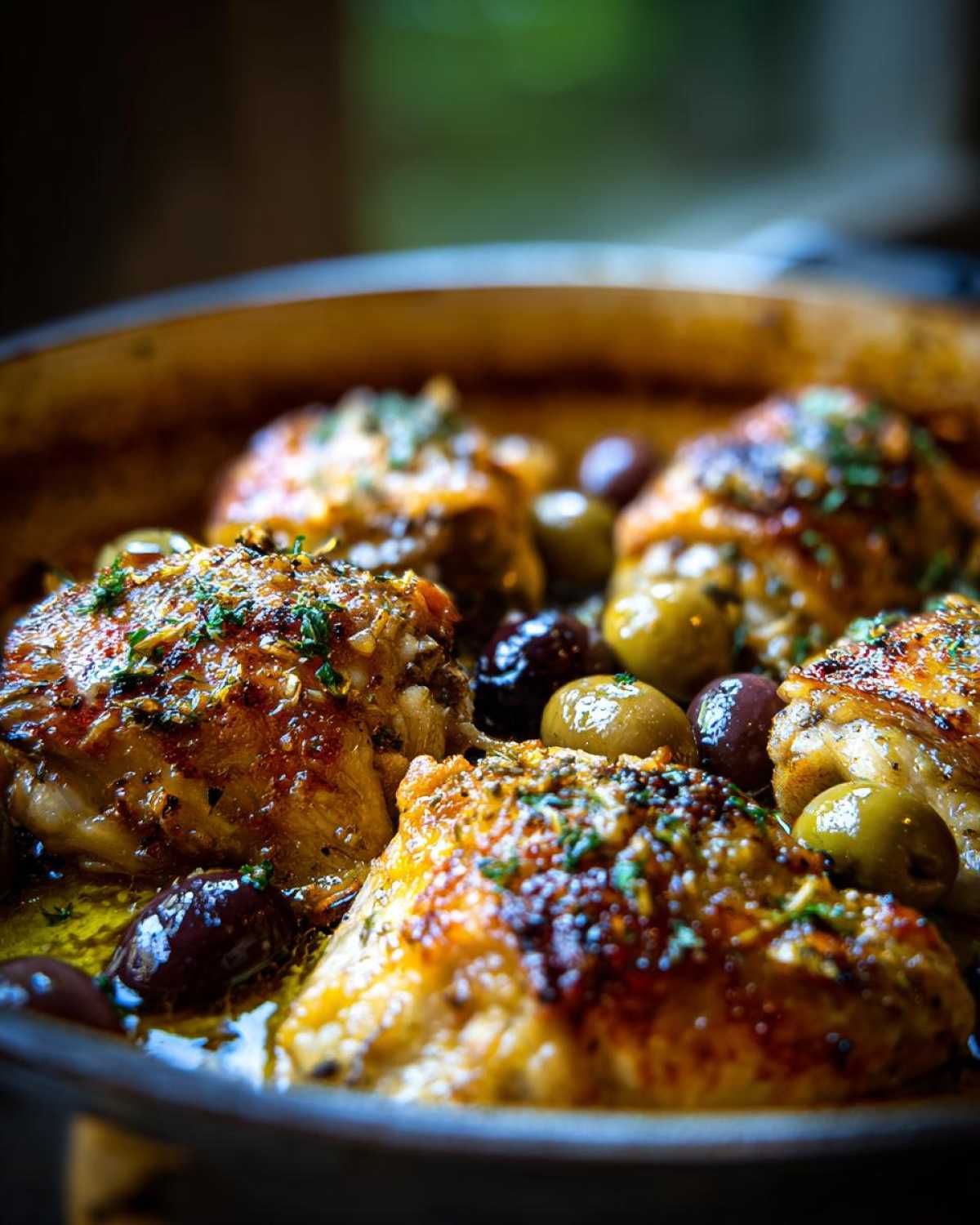 Close-up of Crockpot Greek chicken thighs with green and black olives, seasoned with herbs.