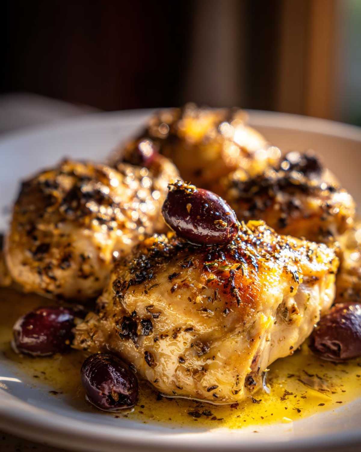 Close-up of Crockpot Greek chicken pieces topped with olives and herbs, glistening with sauce.