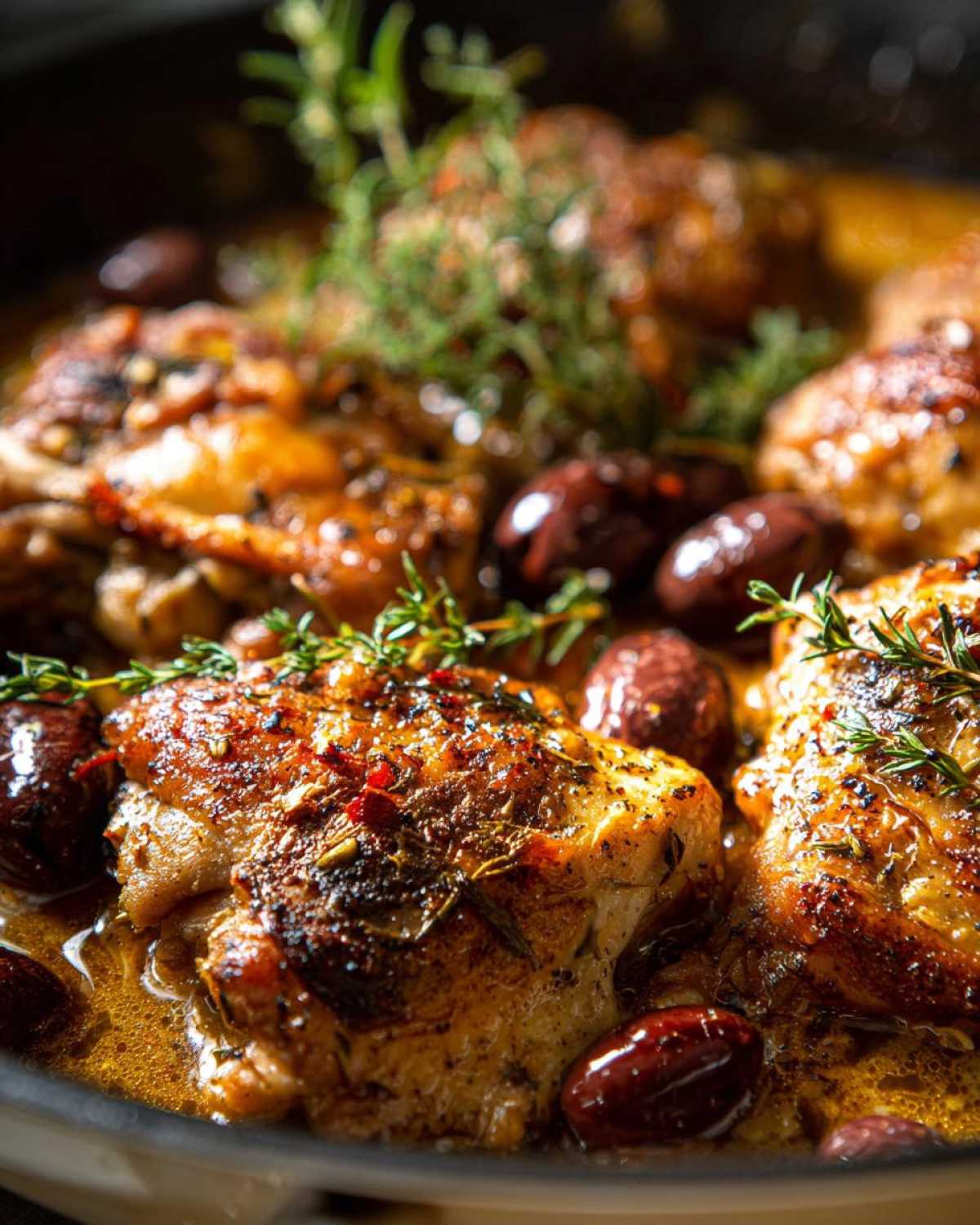 Close-up of Crockpot Greek chicken thighs with olives and herbs, ready to serve.