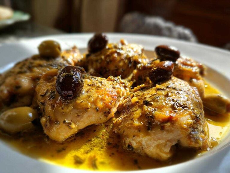Close-up of Crockpot Greek chicken pieces topped with olives, served on a white plate with a flavorful sauce.